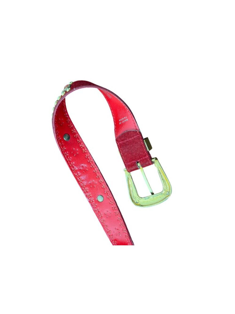 1990s bejeweled leather suede belt red with gold buckle by Gail Labelle Size S - Picture 9 of 10